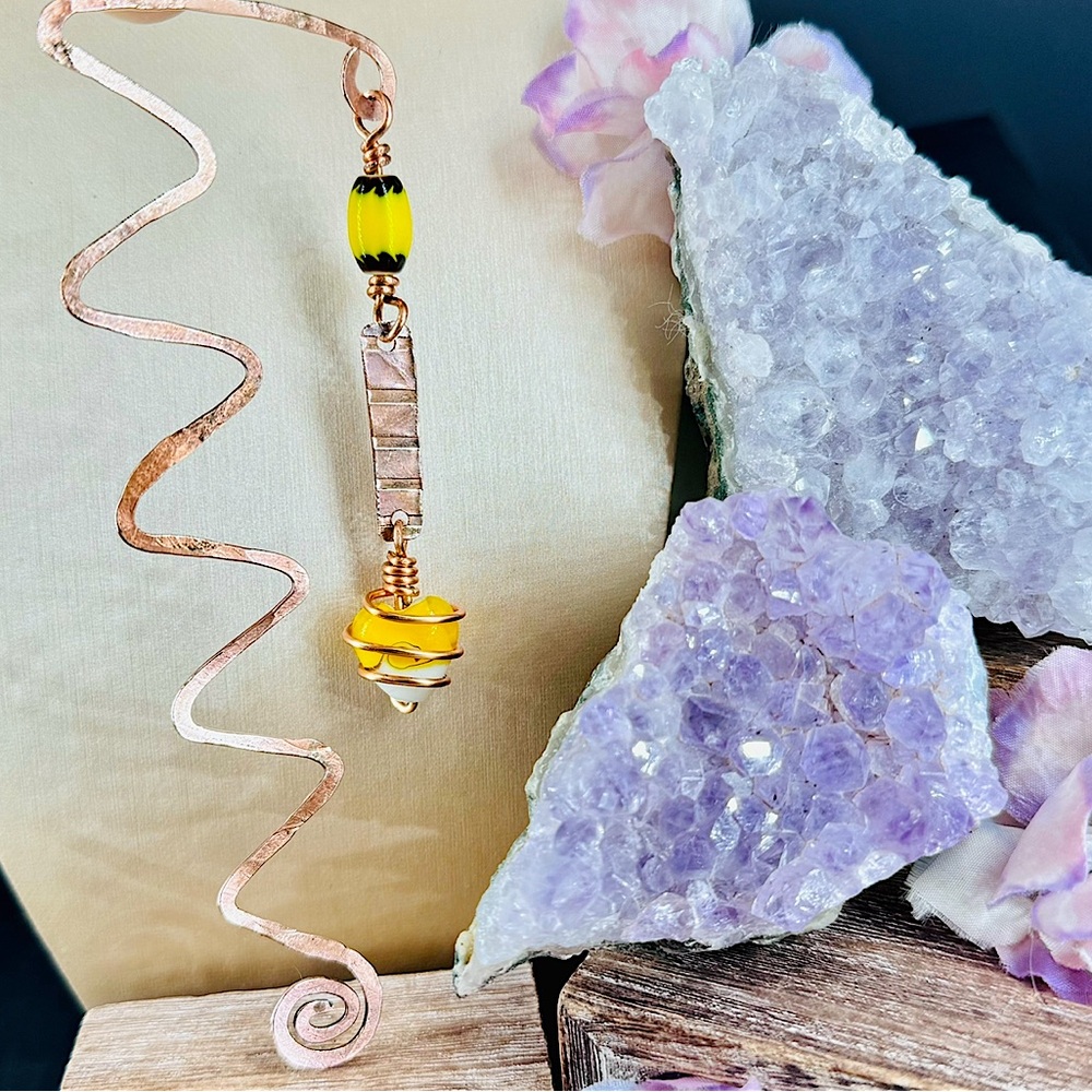 Cool Metal Bookmark featuring Hand-Hammered Copper & Shimmer Glass Charms Detail